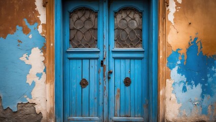 Old-fashioned blue door made of wood with a stained background
