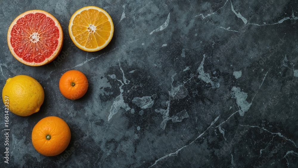 Poster top-down view of mixed citrus fruits displayed on marble with empty space for writing, showcasing gr
