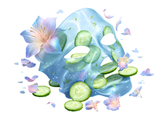 Blue gel sheet mask with cucumber slices and flowers on white background isolated on a transparent background