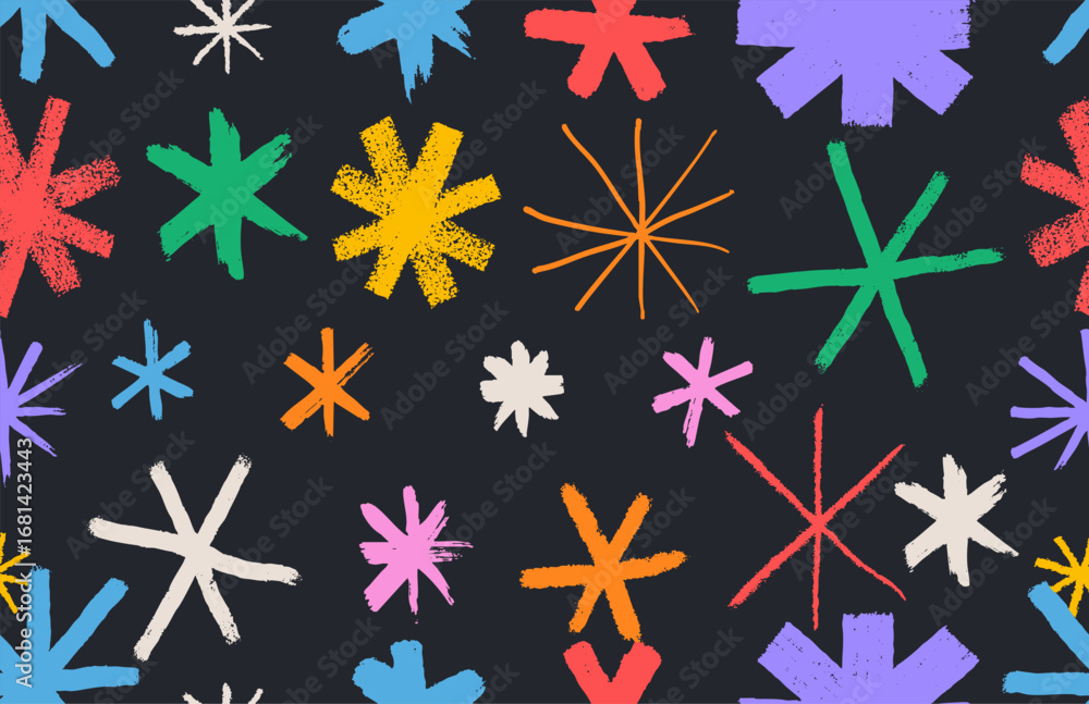 Poster seamless pattern crayon drawn asterisks and star shapes. colorful brush drawn asterisks, vector funk