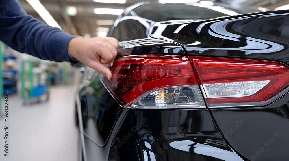 Poster close-up view of the taillight design of a sleek and stylish automobile, showcasing its precise engi