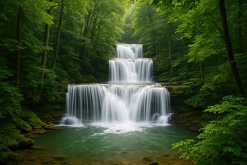 Fototapeta premium Serene waterfall surrounded by dense greenery