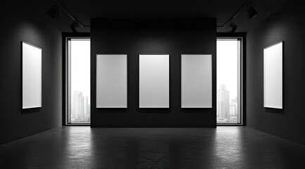 Empty gallery space with four blank canvases.  Dark walls, concrete floor, and large windows show cityscape.  Spotlights illuminate the art pieces