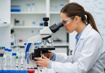 Dedicated female scientist in a white coat and goggles focused on microscopic analysis for a breakthrough discovery