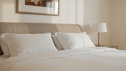 Obraz premium Room setup with white pillows and bed covers, decorative frame mounted above the bed
