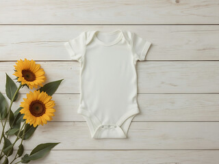 Blank baby onesie, bodysuit mockup, pregnancy announcement background, baby onesie flat-lay with sunflowers on wooden backdrop.