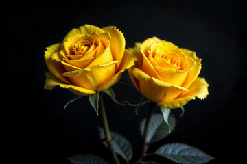 Two Vibrant Yellow Roses Dark Background Elegant Floral Beauty