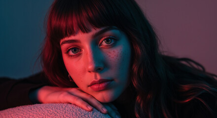 Fototapeta premium Captivating Woman Portrait with Neon Red Blue Light and Freckles