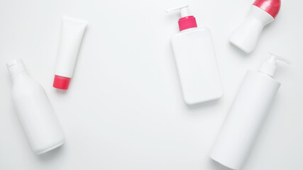 Cosmetic beauty products. Skin care and beauty concept. Bottles and tubes with branding mock up