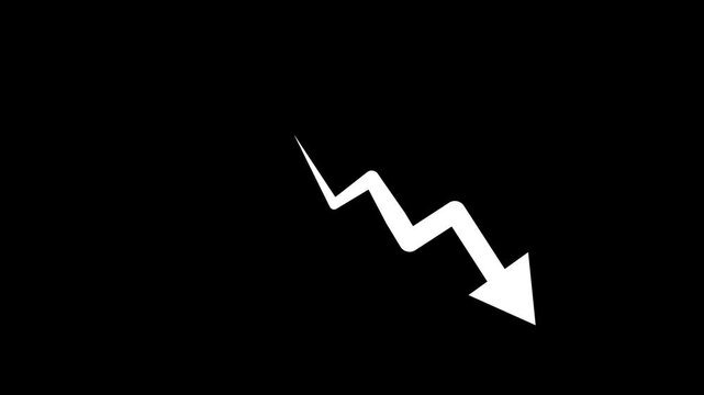 Zigzag Arrow Indicating Decline Animation. A zigzag arrow pointing downward. on black background representing market loss fall trend analytics failure recession and risk alert
