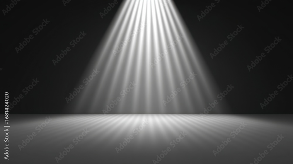 Poster bright stage spotlight illuminating empty space with dynamic light rays creating dramatic shadows on