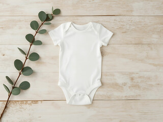 Blank baby onesie, bodysuit mockup, pregnancy announcement background, baby onesie flat-lay with leaves on wooden backdrop.