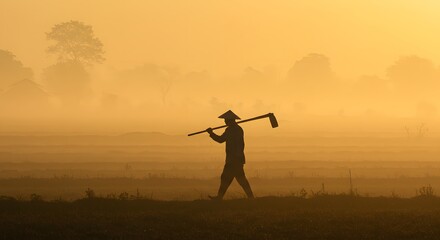 Farmer walking in a misty field with a hoe over his shoulder at sunrise, evoking a sense of rural life and hard work