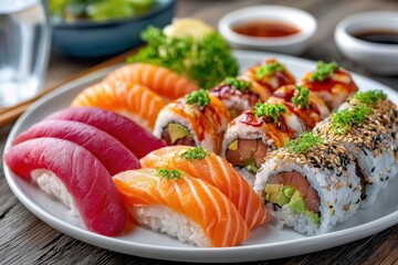 Assorted Sushi Rolls and Nigiri on White Plate