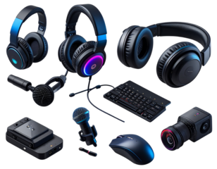 Floating Streaming and Gaming Gear Elements, Isometric Layout, isolated transparent background png