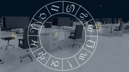 Animation of balls with south africa and zodiac circle over office - Powered by Adobe