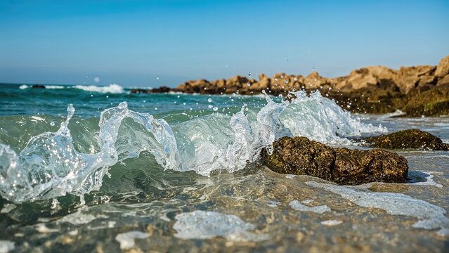 Sea spray splashing over coastal rocks