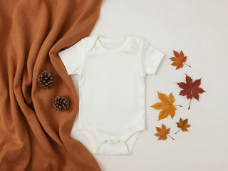 Blank baby onesie, bodysuit mockup, pregnancy announcement background, baby onesie flat-lay with pinecones and autumn maple leaves.