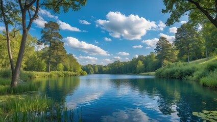 Obraz premium Serene lake scene with dense trees and plant life