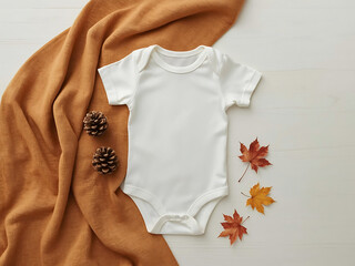 Blank baby onesie, bodysuit mockup, pregnancy announcement background, baby onesie flat-lay with pinecones and autumn maple leaves.