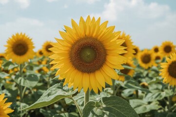 Obraz premium Bright yellow sunflowers flourishing in a rural farmland setting. Farming sector, sunflower oil and honey creation. Eco-friendly organic cultivation, natural scenery.