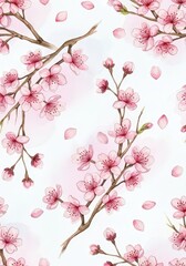 Watercolor illustration of delicate branches of cherry blossoms with scattered pink petals against a soft, light-pink background