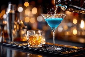 Bartender pouring blue cocktail into martini glass