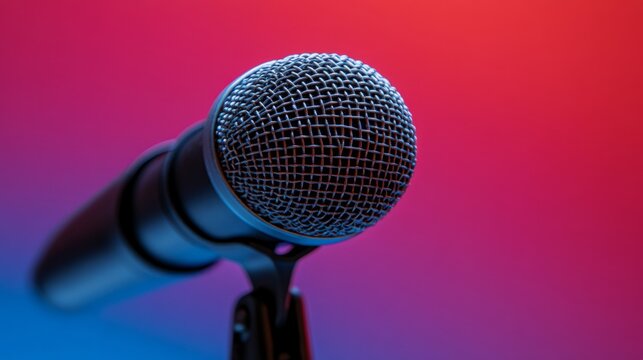 Shimmering microphone ready for a vibrant performance, lit by bold red and blue lights, creating the mood