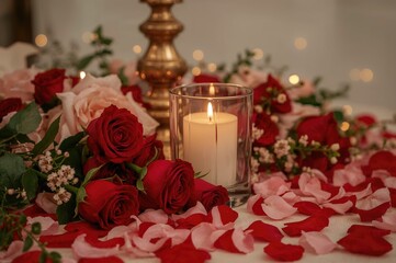 Obraz premium Romantic Setup Featuring Blossoms, a Lamp, and a Glowing Candle