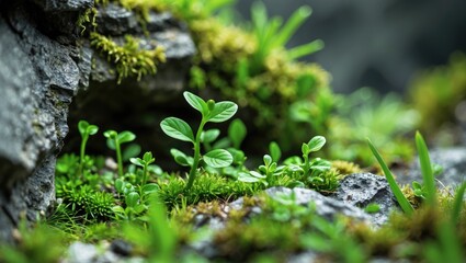 Obraz premium Small, vivid green foliage with slender leaves growing out of a rocky fissure, overcoming a challenging environment. The scene is enhanced with moss texture.