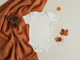 Blank baby onesie, bodysuit mockup, pregnancy announcement background, baby onesie flat-lay with pinecones and autumn maple leaves.