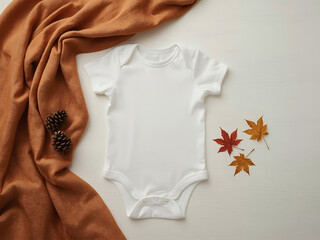 Blank baby onesie, bodysuit mockup, pregnancy announcement background, baby onesie flat-lay with pinecones and autumn maple leaves.