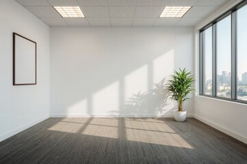 Interior shot of a vacant space featuring a potted plant, wall art, and a rug