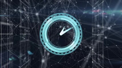 Animation of clock and connections on black background - Powered by Adobe