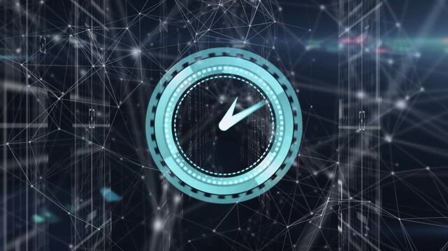 Animation of clock and connections on black background - Powered by Adobe