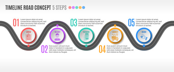 Isometric navigation map infographic 5 steps timeline concept. Winding road.