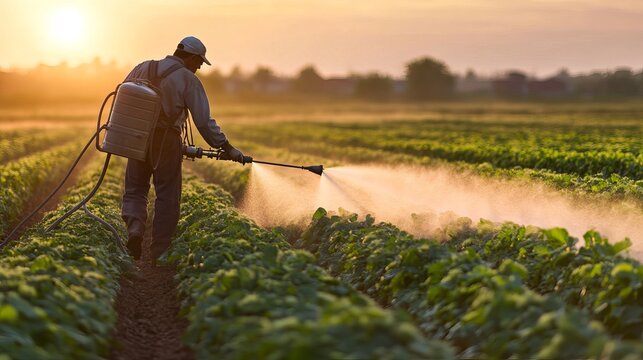Farmers spraying crops in green farm field with chemical sprayers for pest control and plant growth in modern agriculture