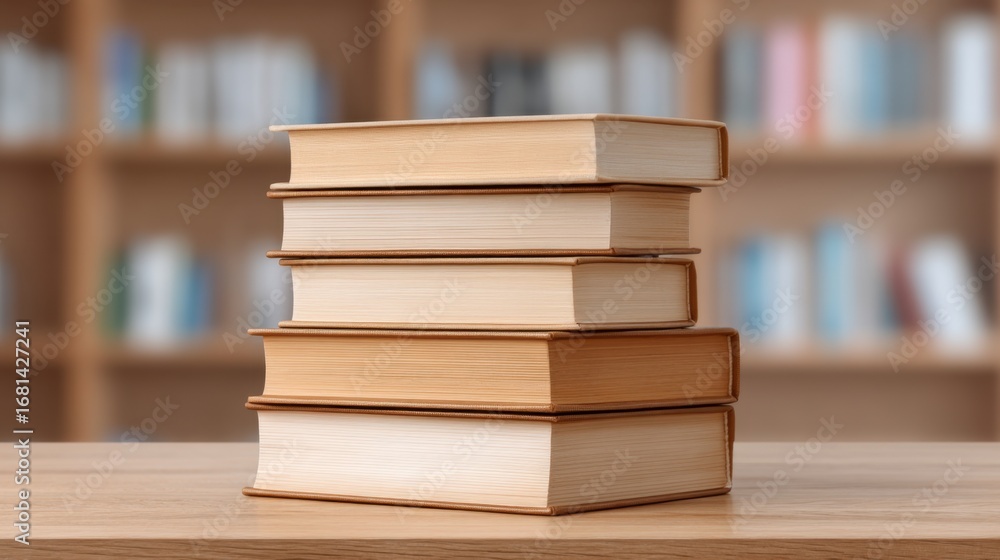 Poster stack of five closed books on a wooden table with a blurred background of shelves filled with more b