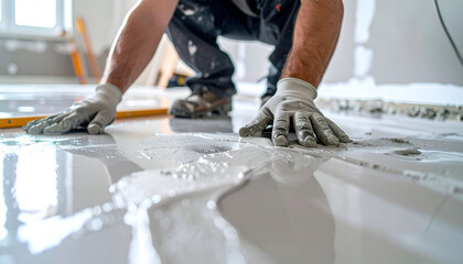 Worker's gloved hands spreading self-leveling floor compound. Home renovation, construction, and modern flooring installation process.