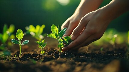 Fototapeta premium Farmer planting young cannabis plant in soil on rural marijuana farm plantation