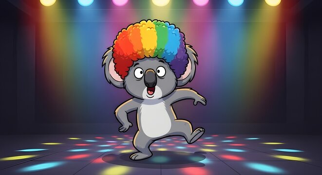 Dancing koala cartoon with rainbow afro wig under disco lights vector illustration