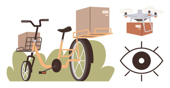 Cargo bike with parcels, delivery Quadcopter carrying package, and stylized eye symbol. Ideal for innovation, logistics, eco-delivery, technology, future trends urban transport packaging. Simple flat