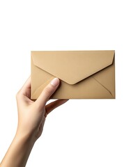 Fototapeta premium Hand holding a brown paper envelope isolated on white background in studio shot