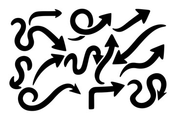 High quality vector set of black arrows in varied styles, straight, curved, looped, zigzagged, ideal for UI-UX, infographics, presentations. Clean, bold, editable, and ready for commercial use