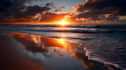 A stunning golden sunset over the ocean with reflectons on the smooth beach.
