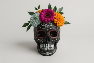 Black-painted skull adorned with floral decorations