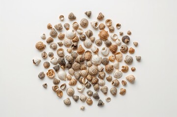 Tiny dry seashells viewed from above on a white background