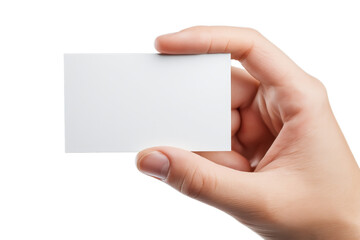 A hand holds a blank horizontal white business card, isolated for a customizable mockup on a transparent background.