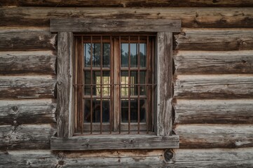 Tiny window with bars set in an ancient wooden log wall, architecture and aged building background