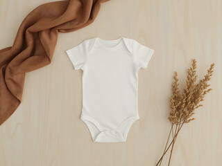 Blank baby onesie, bodysuit mockup, pregnancy announcement background, baby onesie flat-lay with pampas and autumn throw.